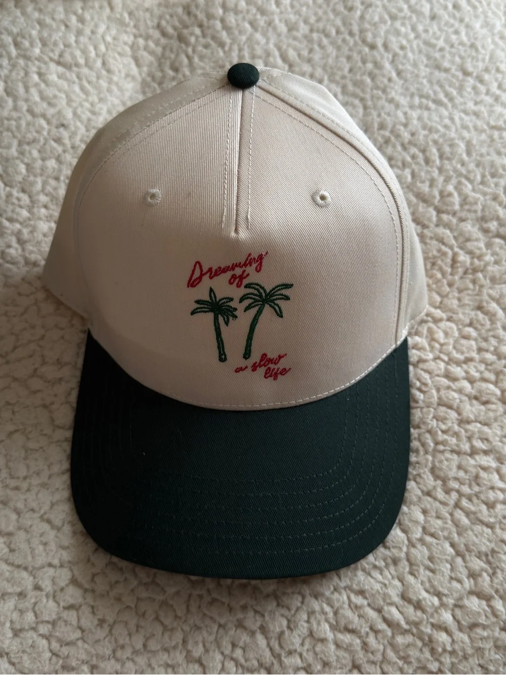 Cream & green dreaming of a slow life Embroidered trucker hat